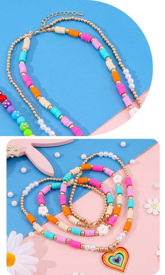 Makersland Clay Beads Necklaces Bracelet Sets Heart Rainbow Pendant Jewelry